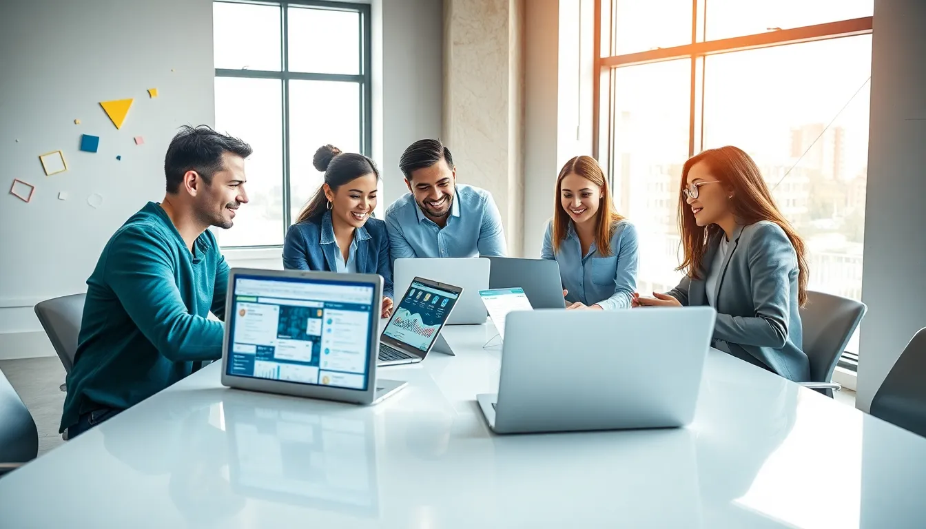 diverse professionals discussing software apps in a modern office.