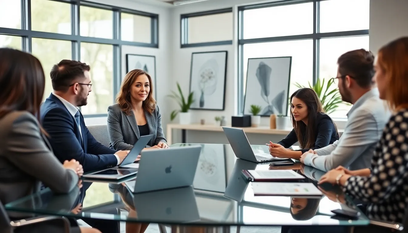 Stacy Klinger leading a collaborative meeting in a modern office.
