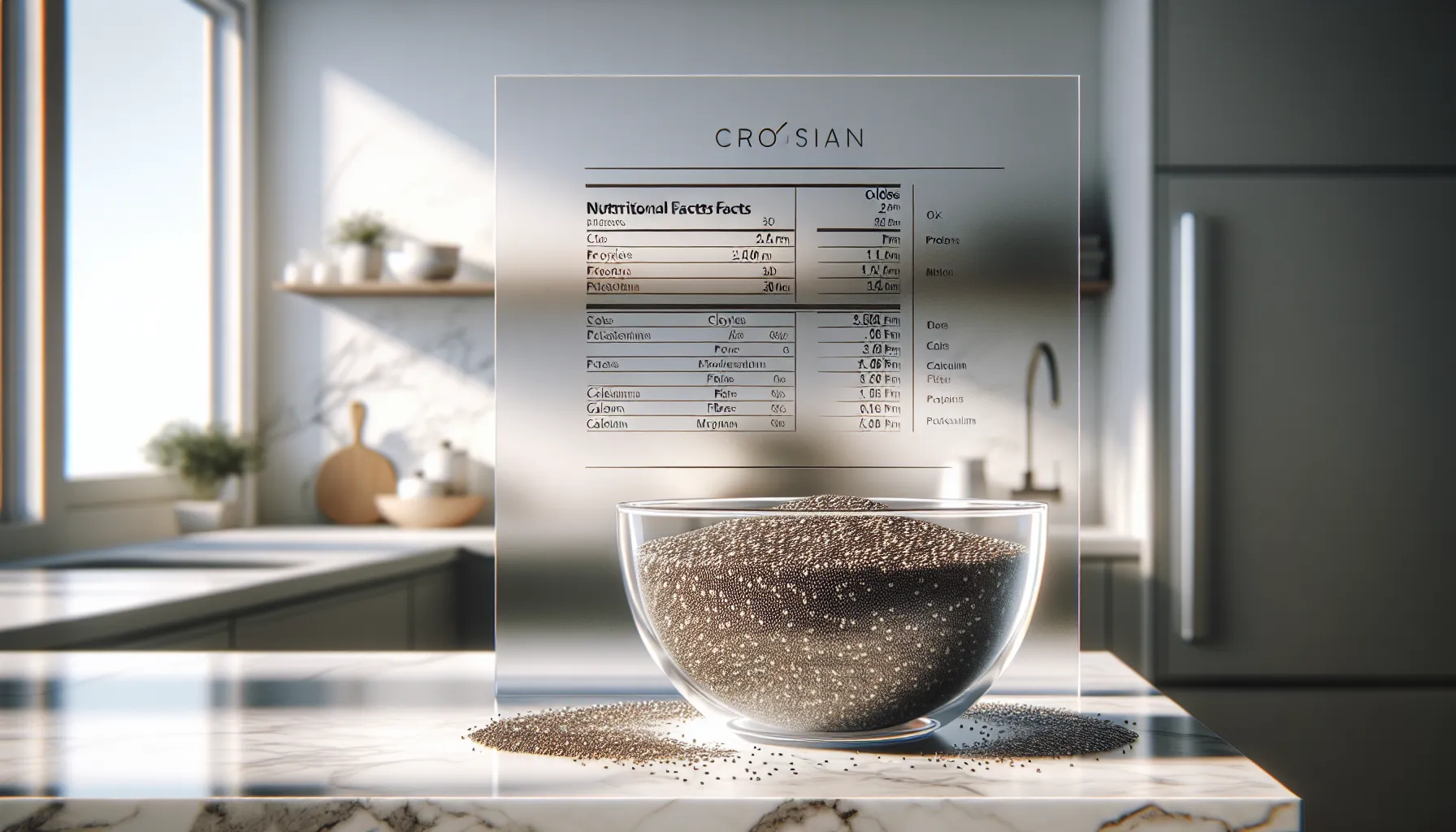 Chia seeds in a glass bowl beside a nutritional values chart.
