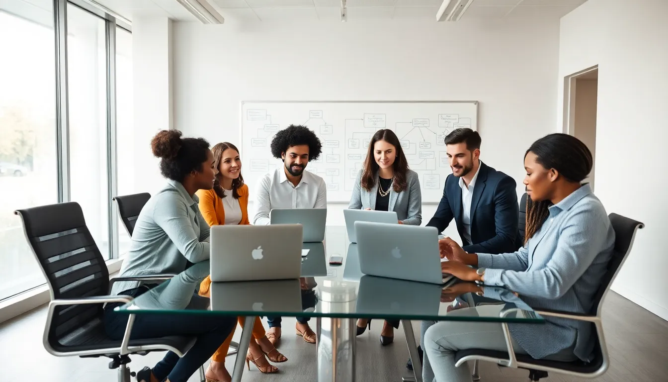 diverse professionals collaborating in a modern office setting.
