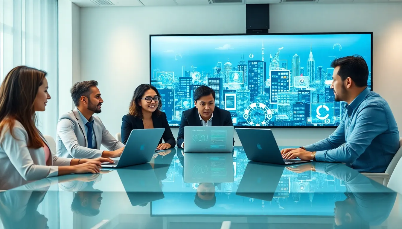 diverse team discussing Internet of Things software development in a modern office.