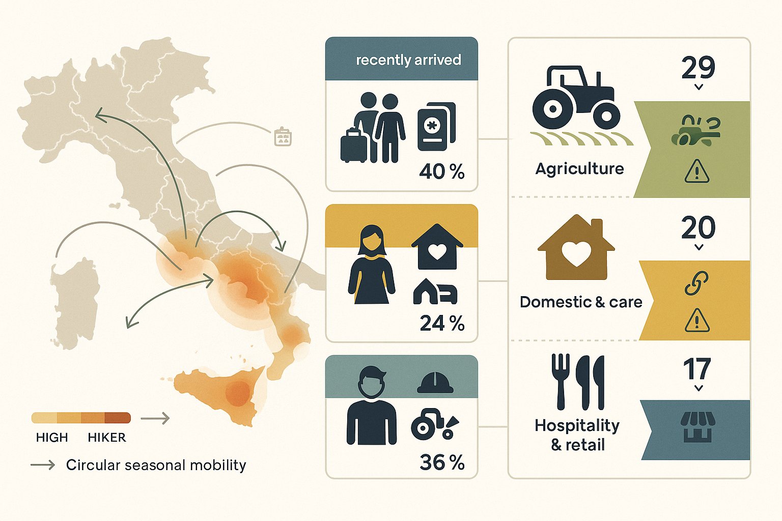 Mappa e diagrammi che mostrano migranti, settori e modelli regionali del lavoro irregolare in Italia.