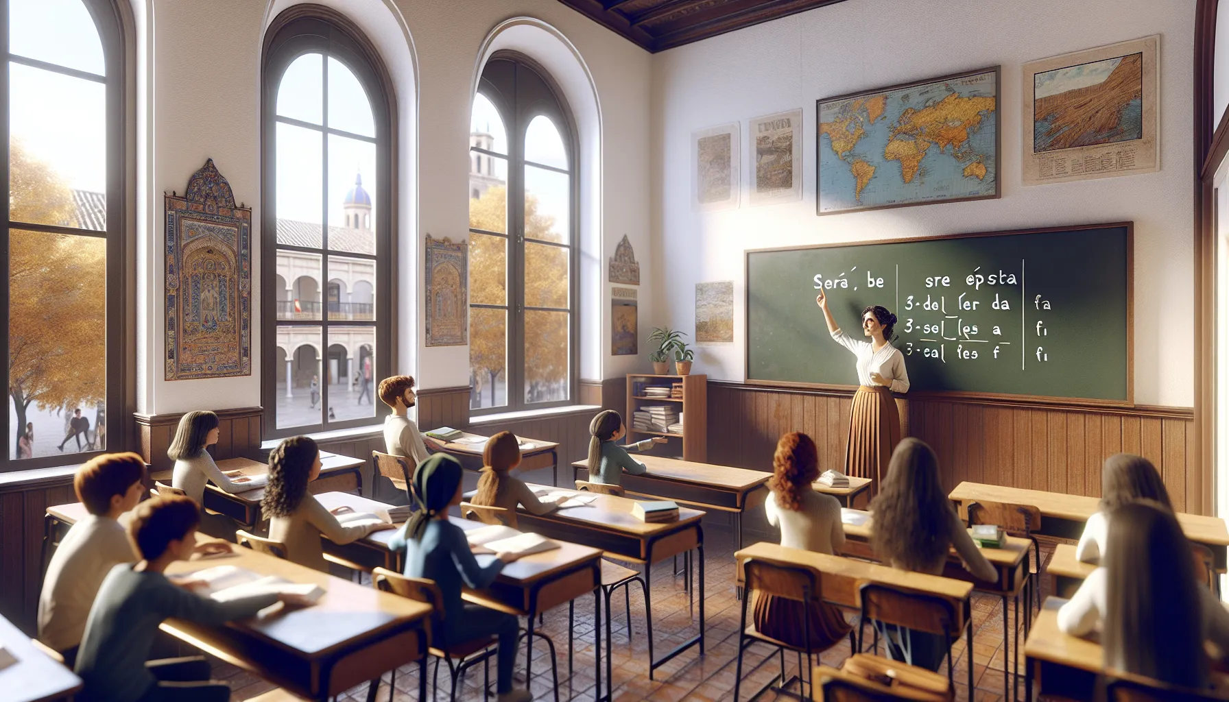 A Spanish teacher explaining 'ser' and 'estar' to attentive students in a classroom.