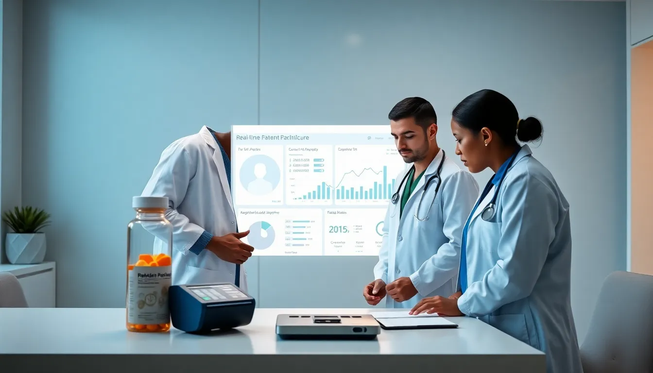 healthcare professionals collaborating with IoT technology in a modern clinic.