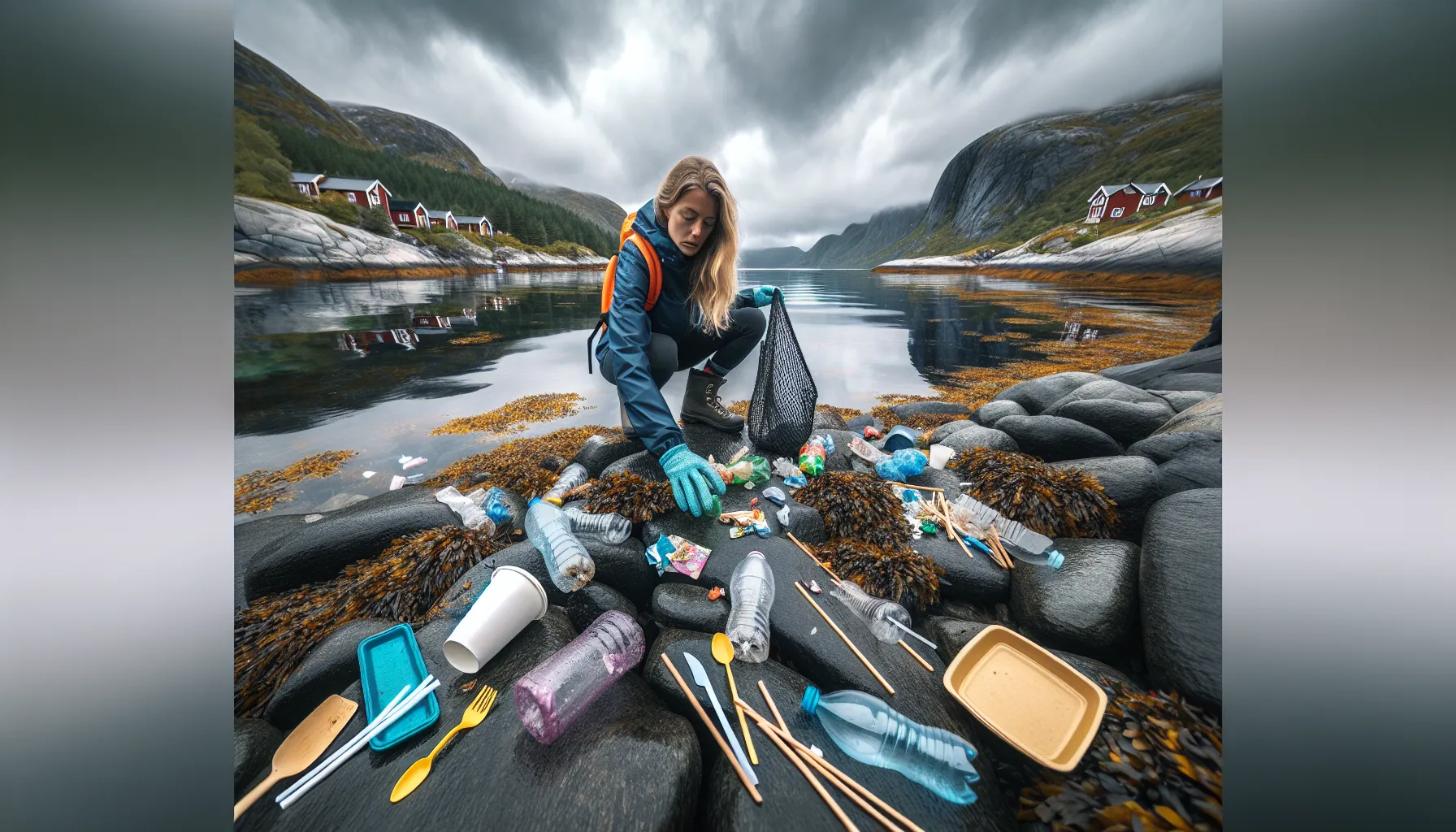 Norwegian woman cleaning single-use plastic waste from a rocky fjord shoreline.