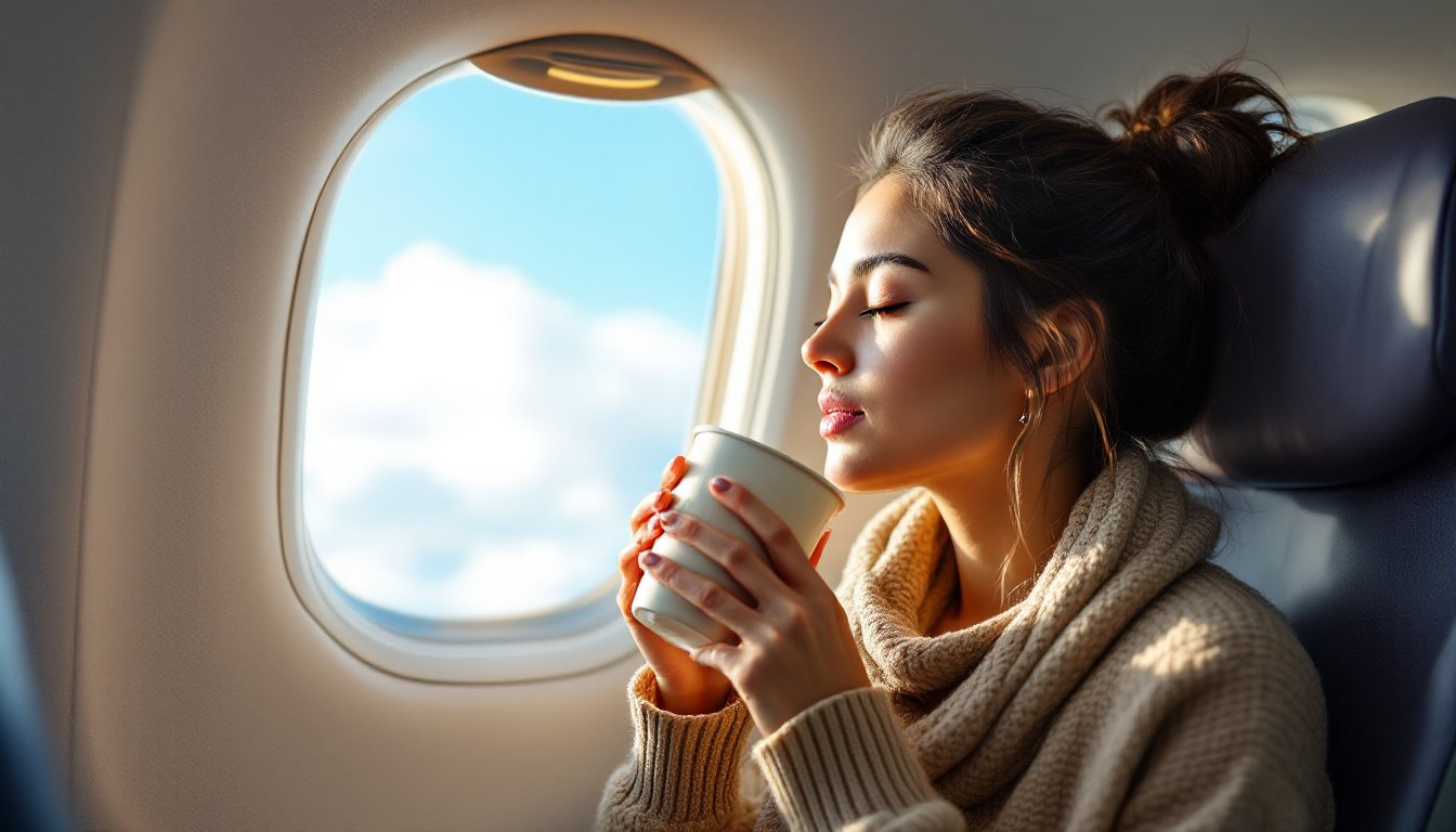 Woman sipping warm water on an airplane to relieve ear pressure during descent.