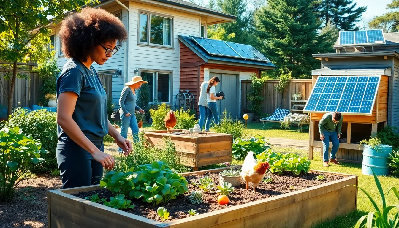 diverse group engaging in self sustainable living practices in a backyard.