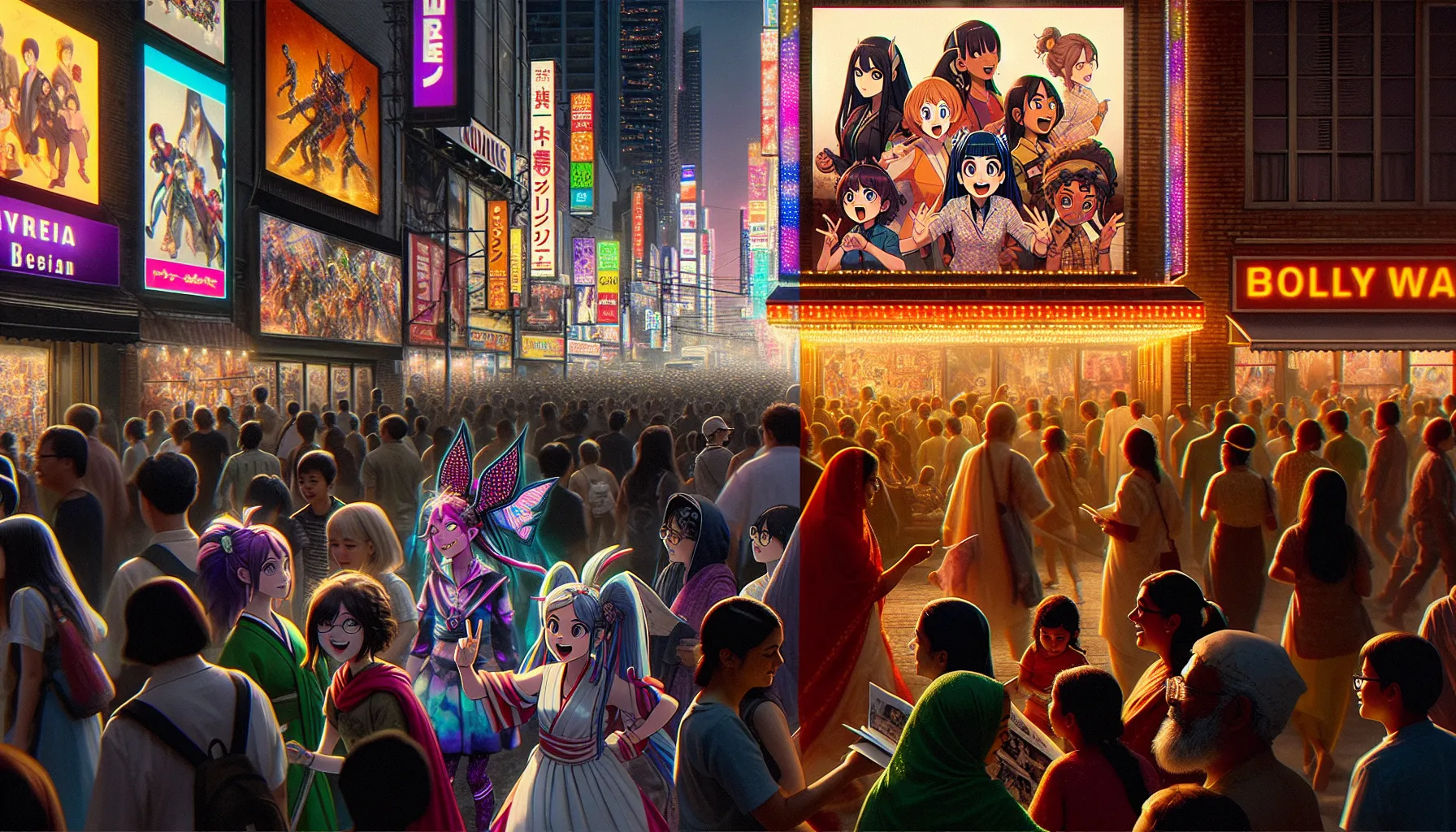 Fans at an anime convention contrasted with a Bollywood movie poster display.
