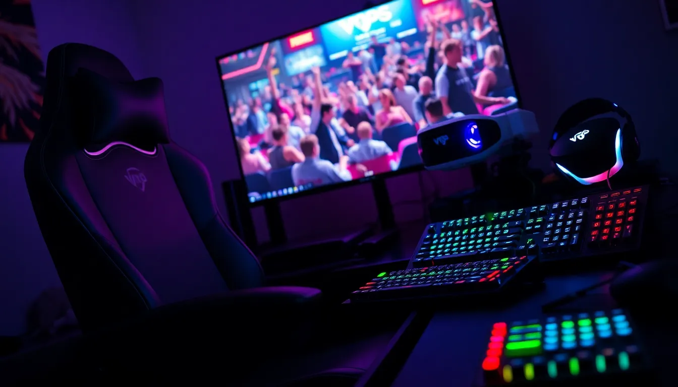 a modern gaming setup with high-tech gadgets and a vibrant esports display.