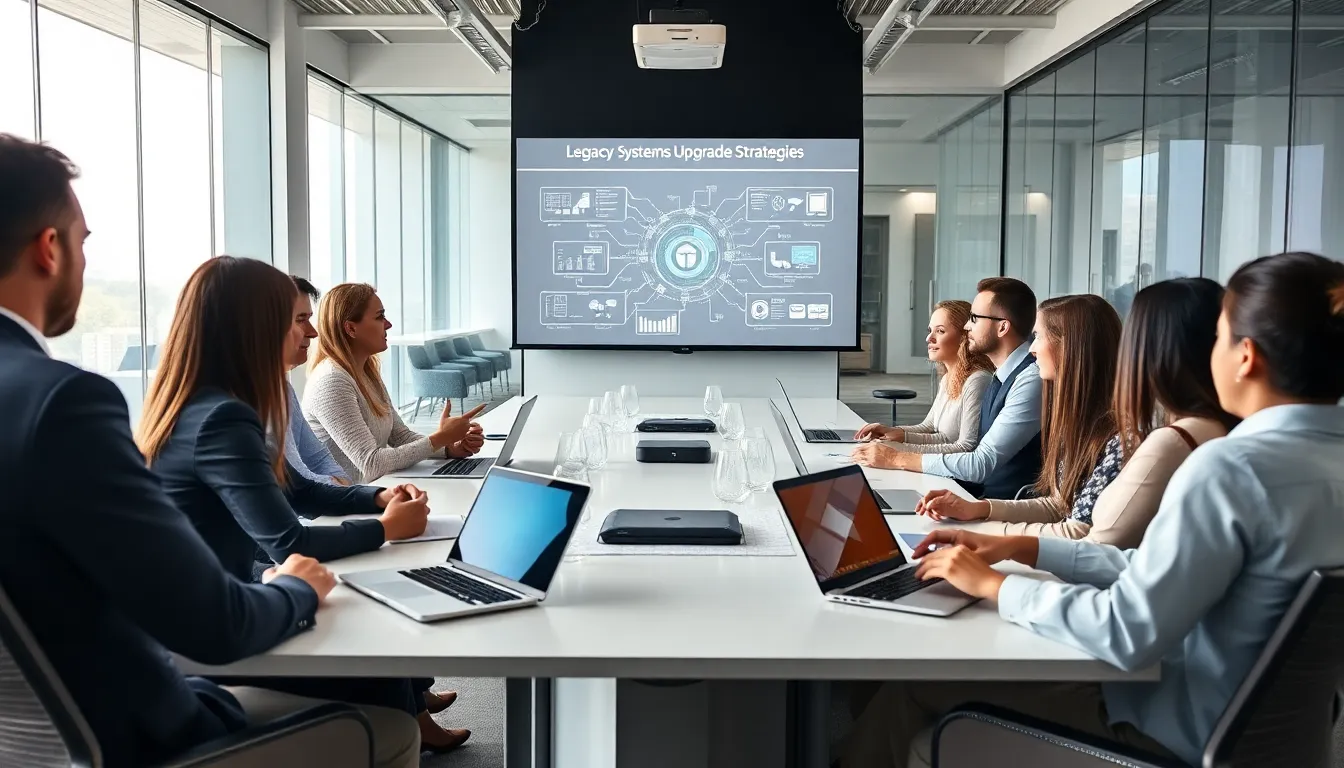 diverse team discussing legacy system modernization in a modern office.