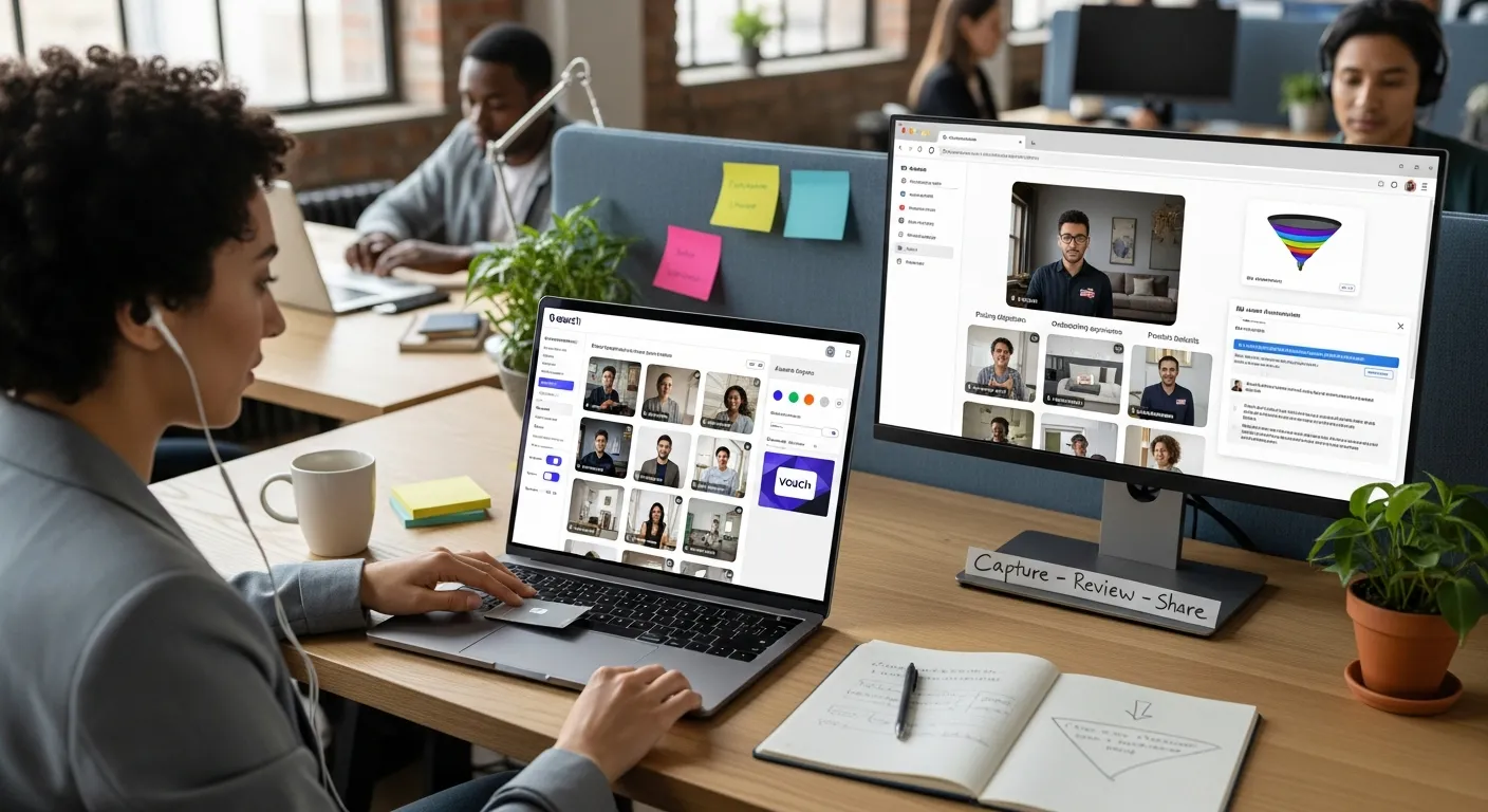 Marketing manager curating customer video clips in a DIY testimonial campaign dashboard.