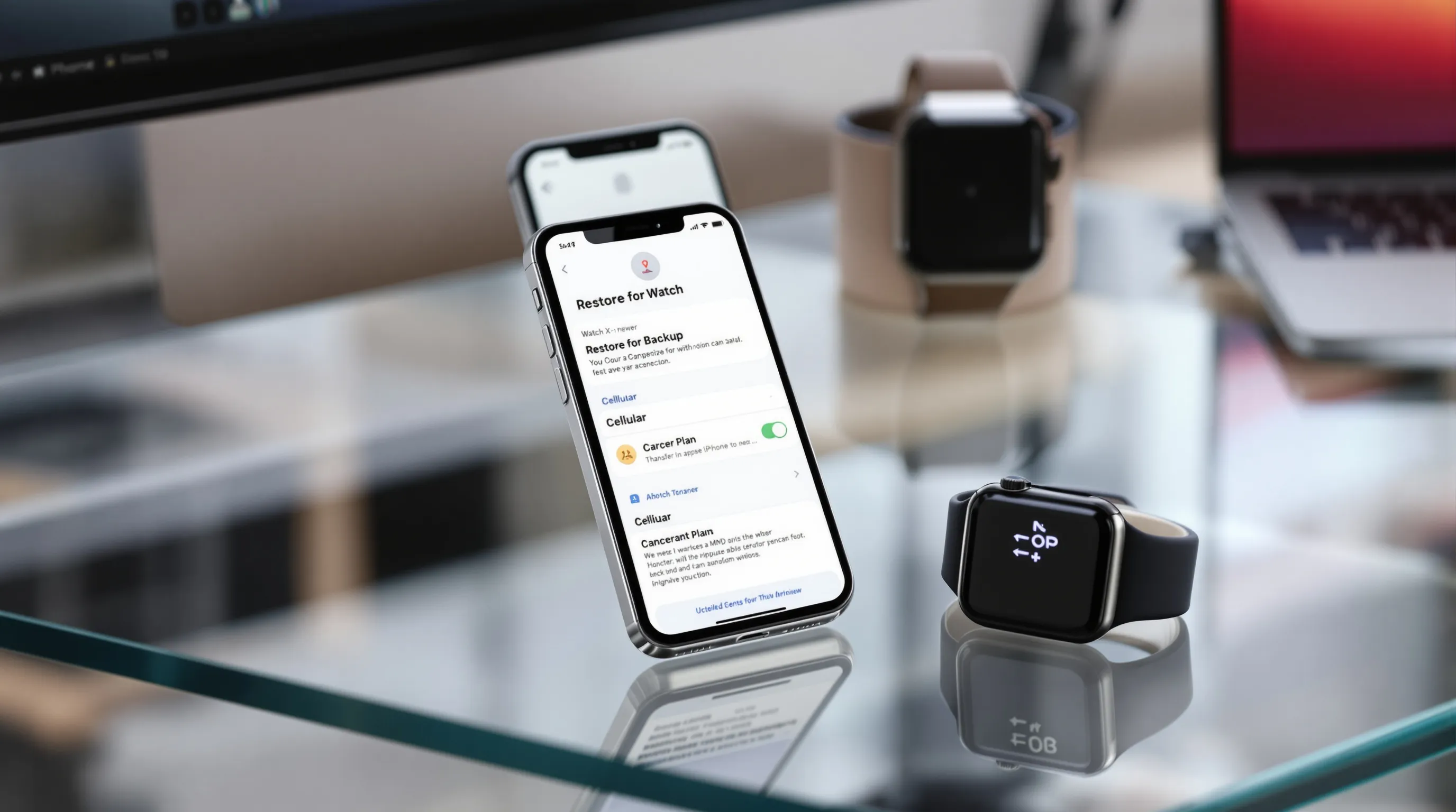 iPhone restoring to Apple Watch Series 10 with carrier plan transfer prompt.