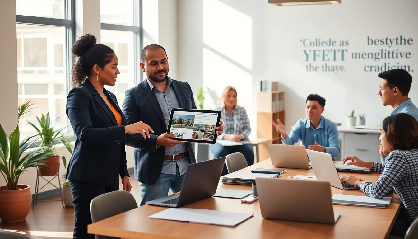 A diverse real estate team collaborating in a bright office setting.
