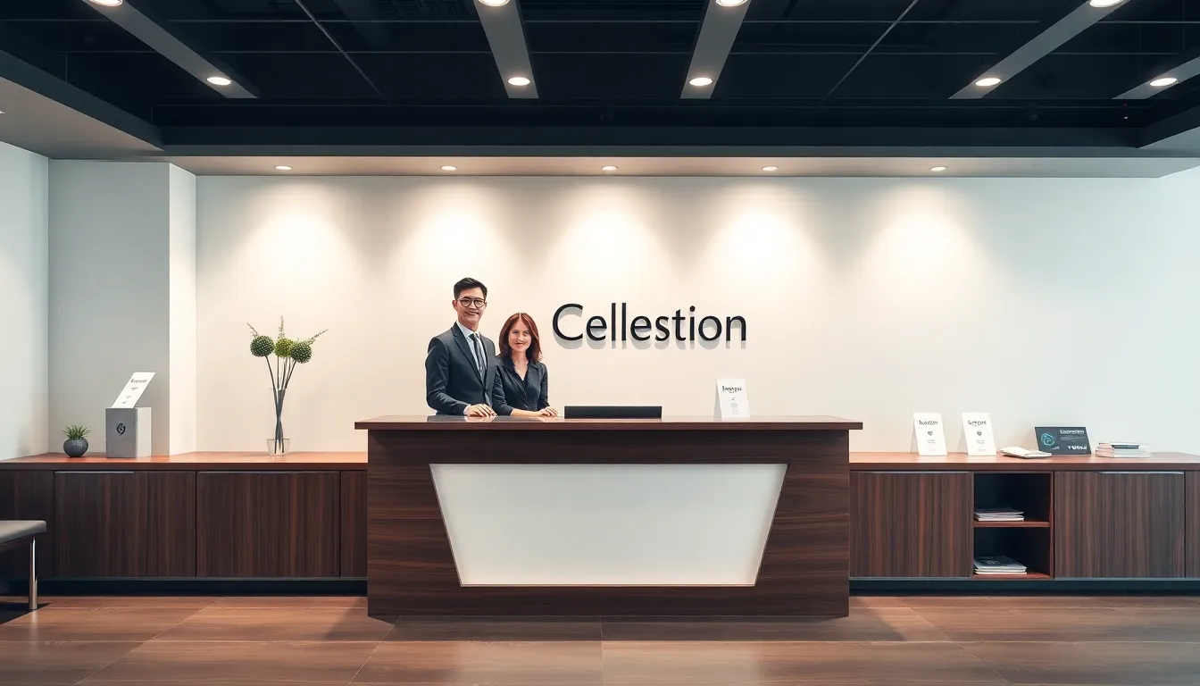 modern reception area with sleek desk and professional staff.