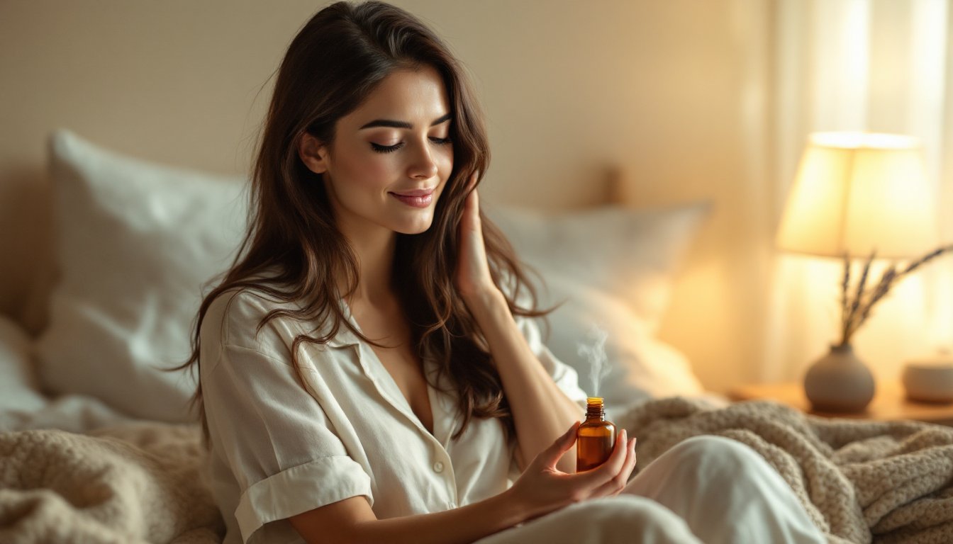 A woman gently massaging warm oil into her scalp before bed in a calm bedroom.