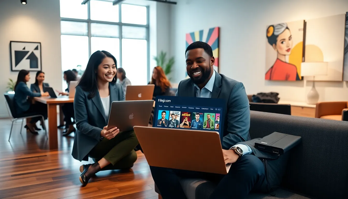 diverse team collaborating on the Filmi Jila.com website in a stylish office.