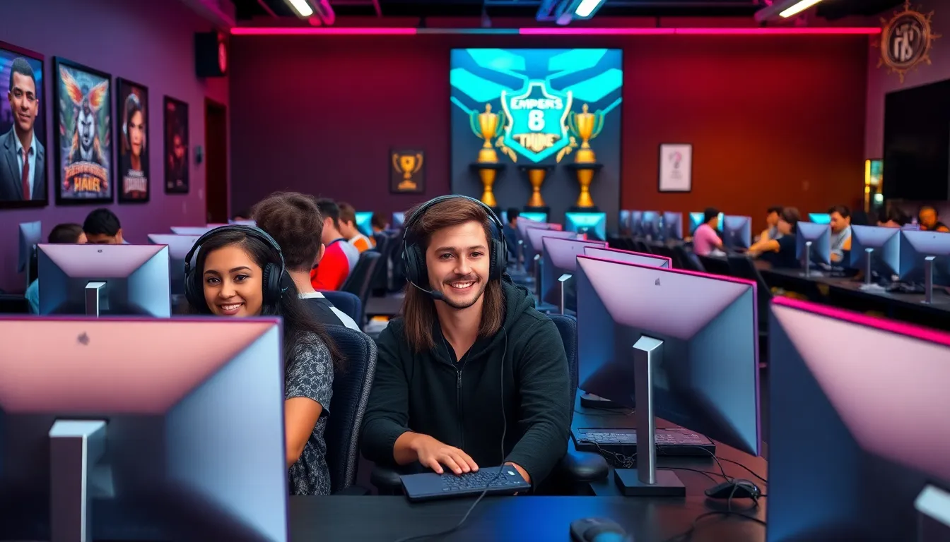 diverse esports team collaborating in a modern gaming facility.