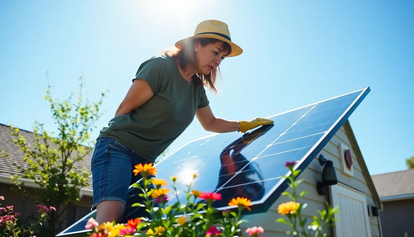 A woman installs solar panels on her home roof in a sunny backyard.