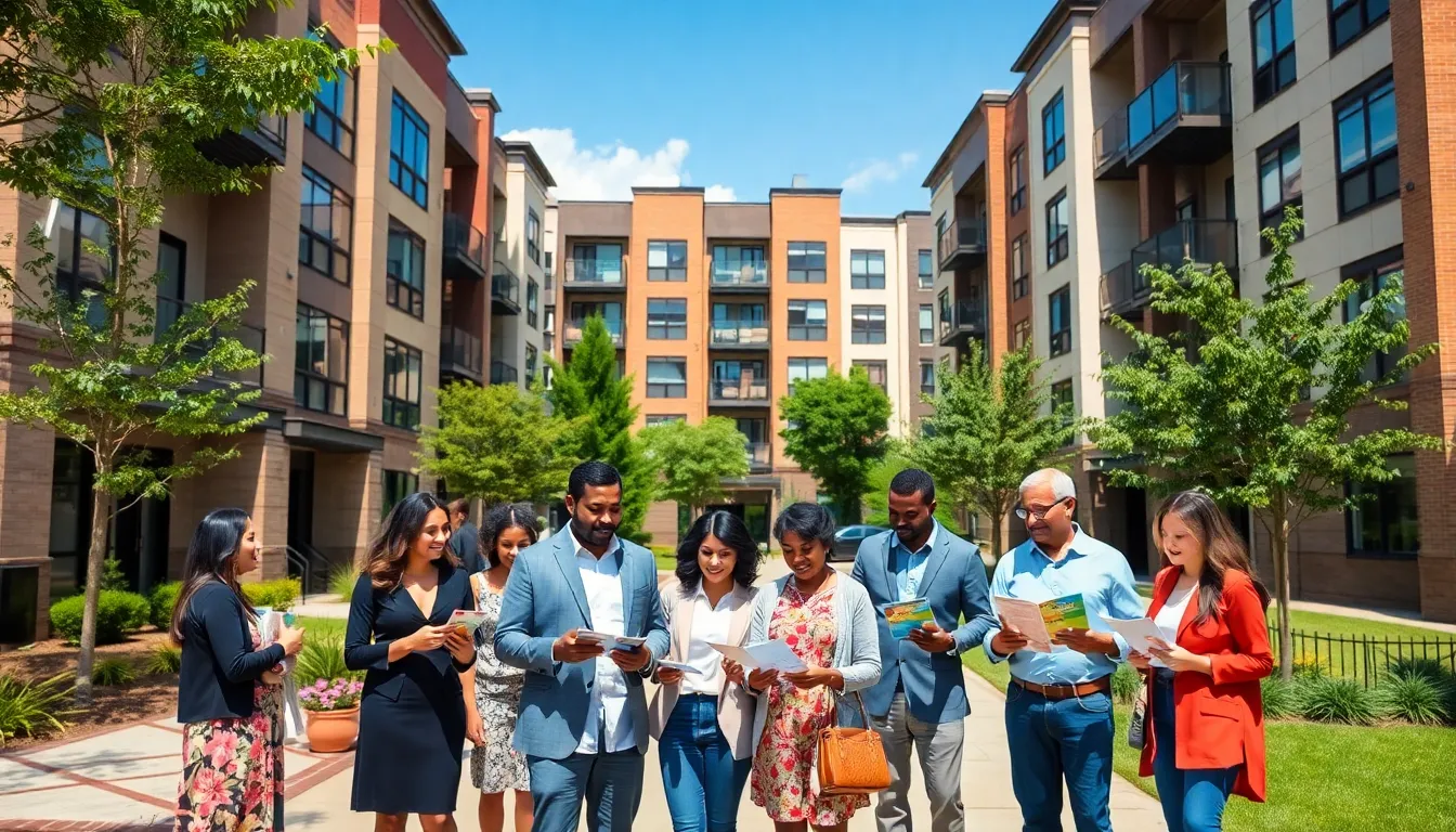 Families in front of a modern low-income apartment complex in Atlanta.