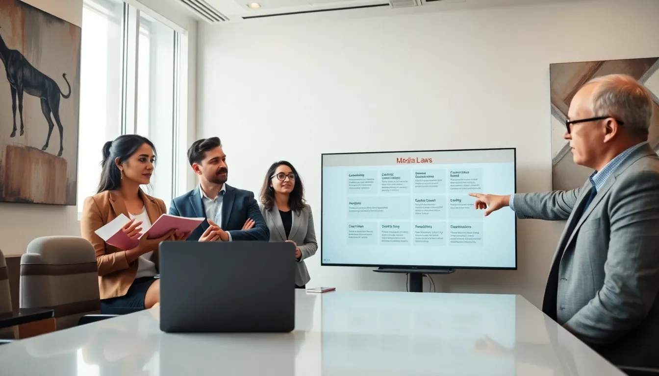 diverse professionals discussing media law in a modern conference room.