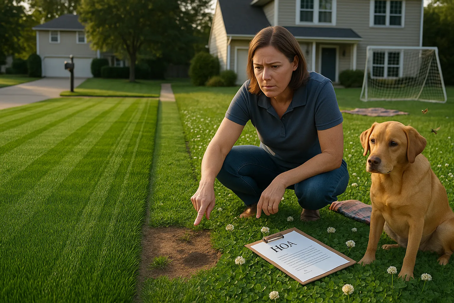 split lawn showing manicured grass beside bloom‑dotted micro‑clover with worn patches