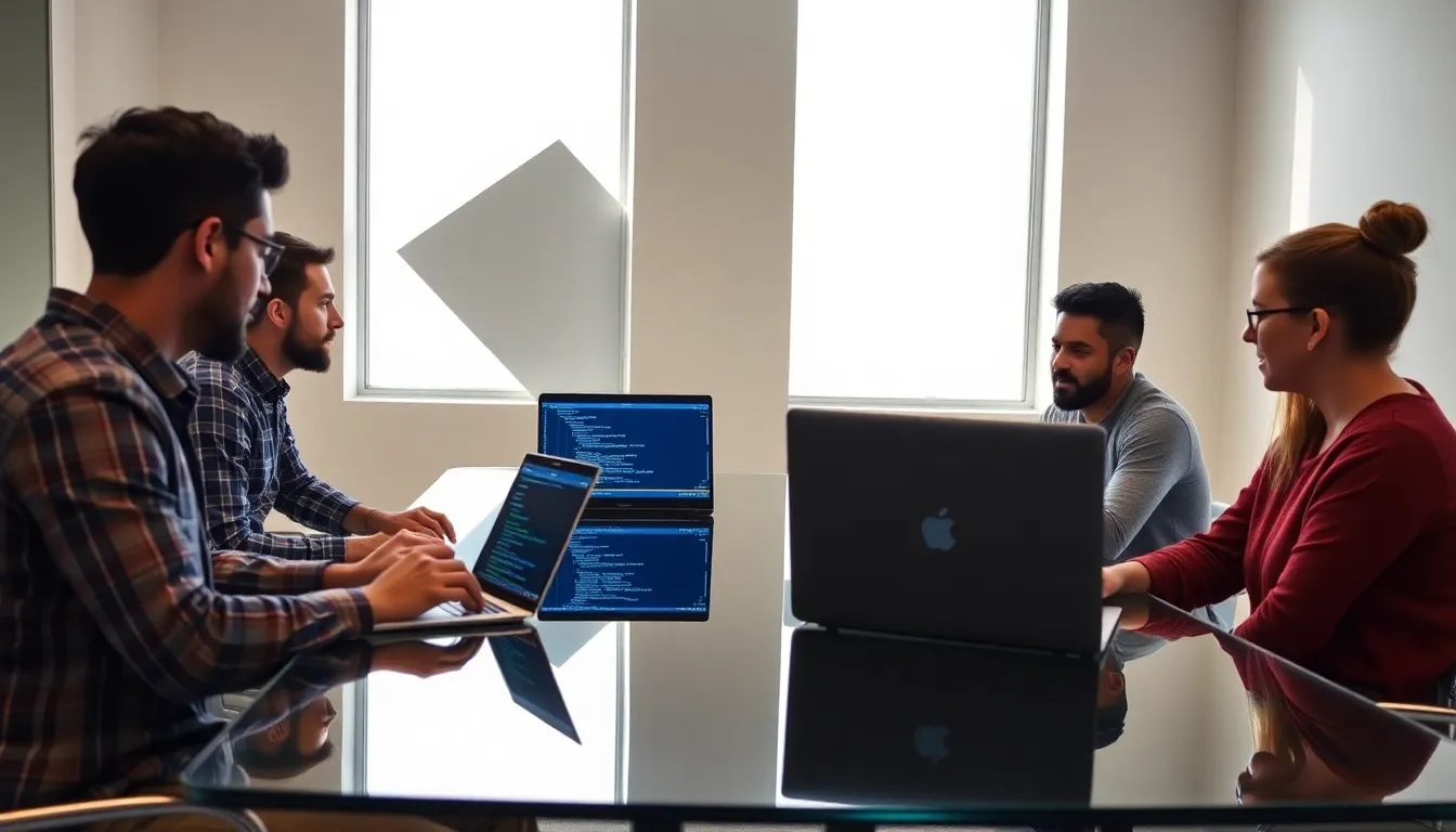 diverse developers collaborating on Xud3.G5-Fo9Z in a modern office.