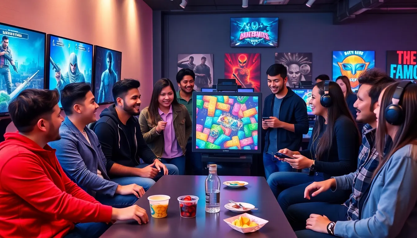 diverse gamers interacting in a modern gaming lounge.