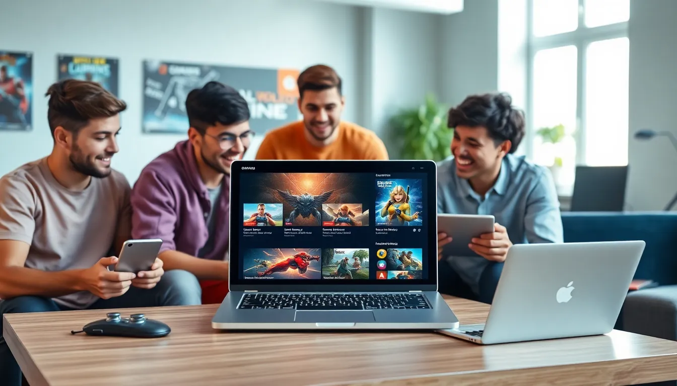diverse group discussing games in a modern workspace.