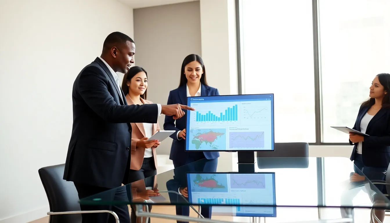 diverse professionals discussing data management in a modern office.