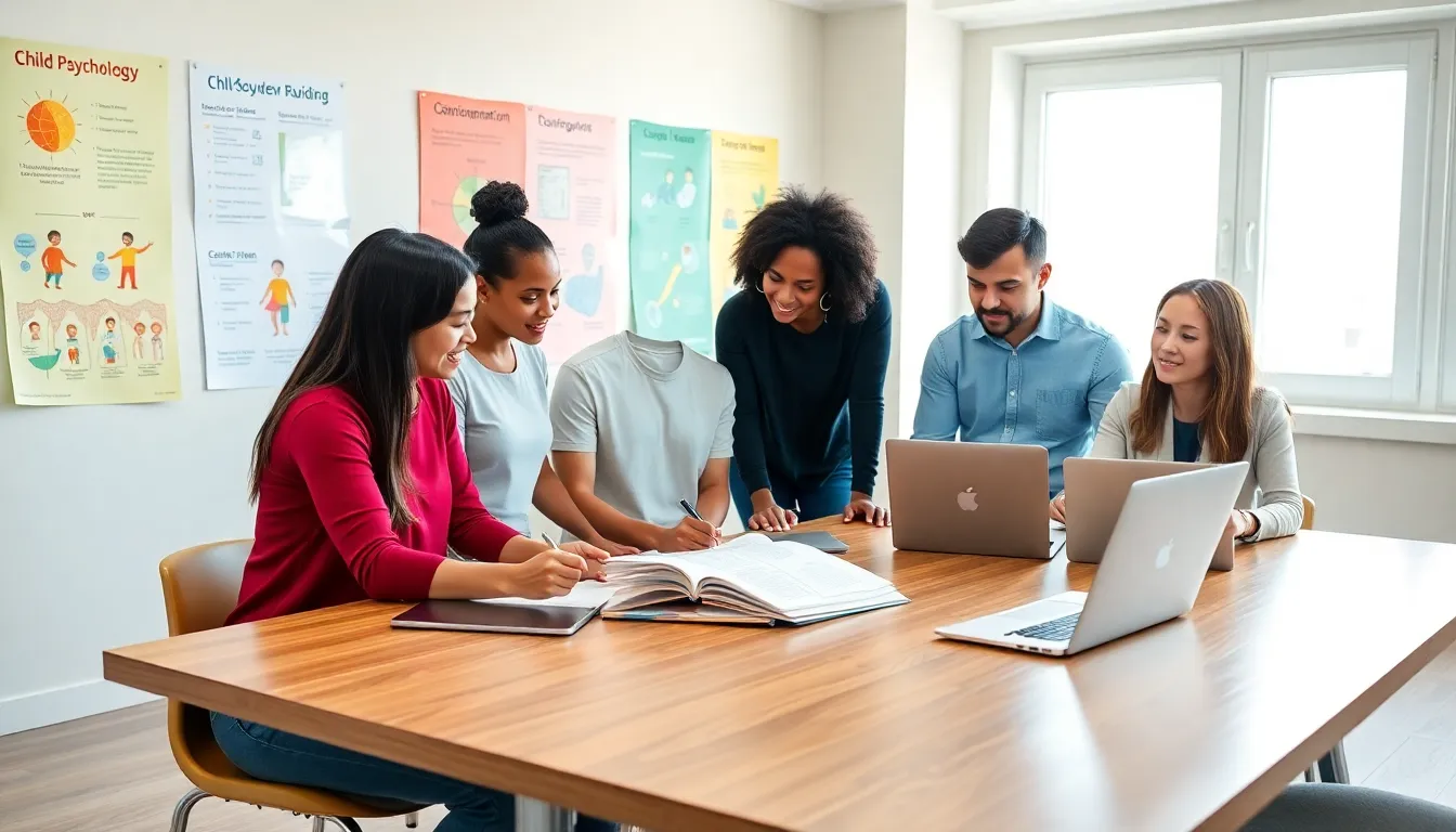 diverse students collaborating in a modern classroom on child development.