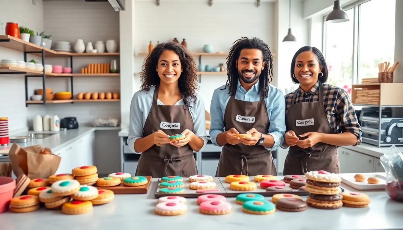 diverse bakers decorating cookies in a bright, modern kitchen.