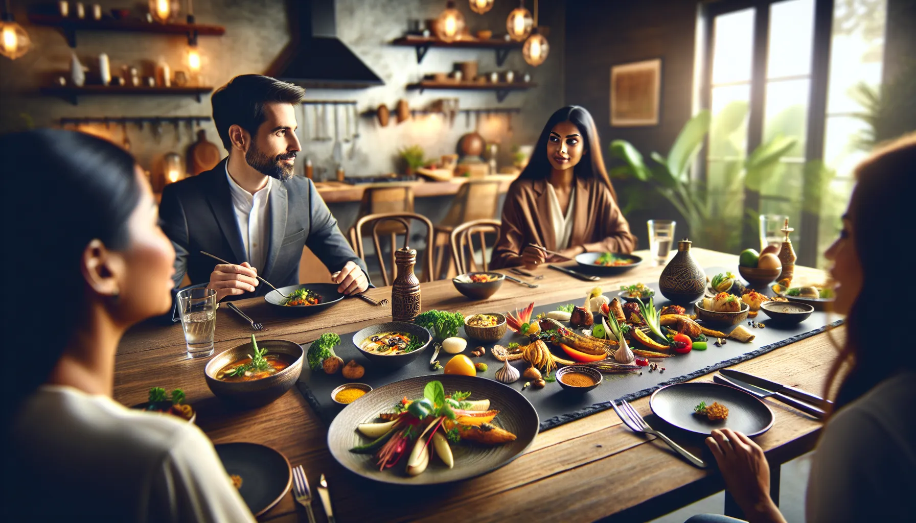 diverse team enjoying a fusion meal in a modern kitchen.