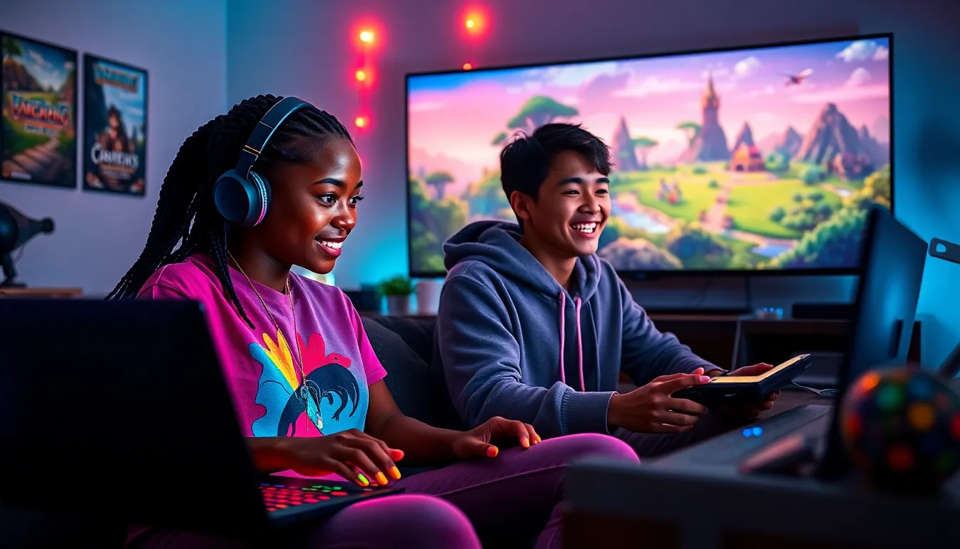 a diverse group of gamers enjoying online gaming in a cozy room.