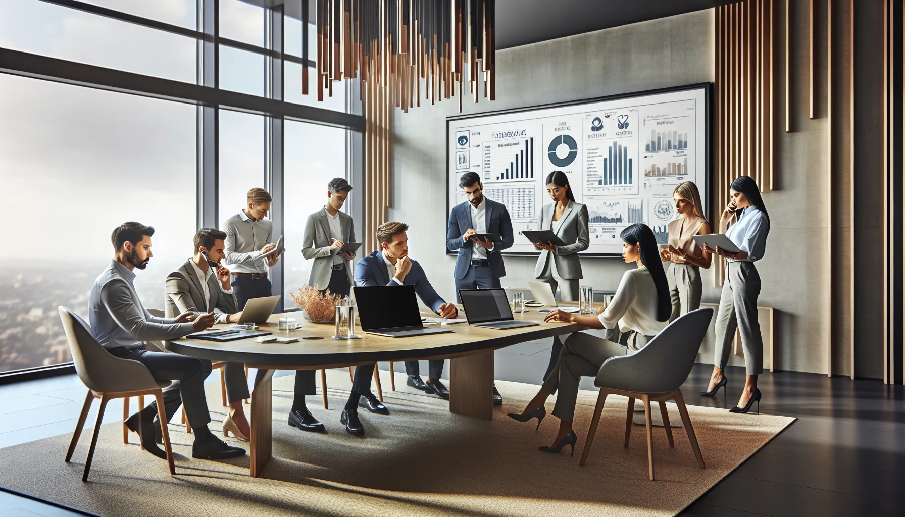 business team discussing phone communications in a modern office.