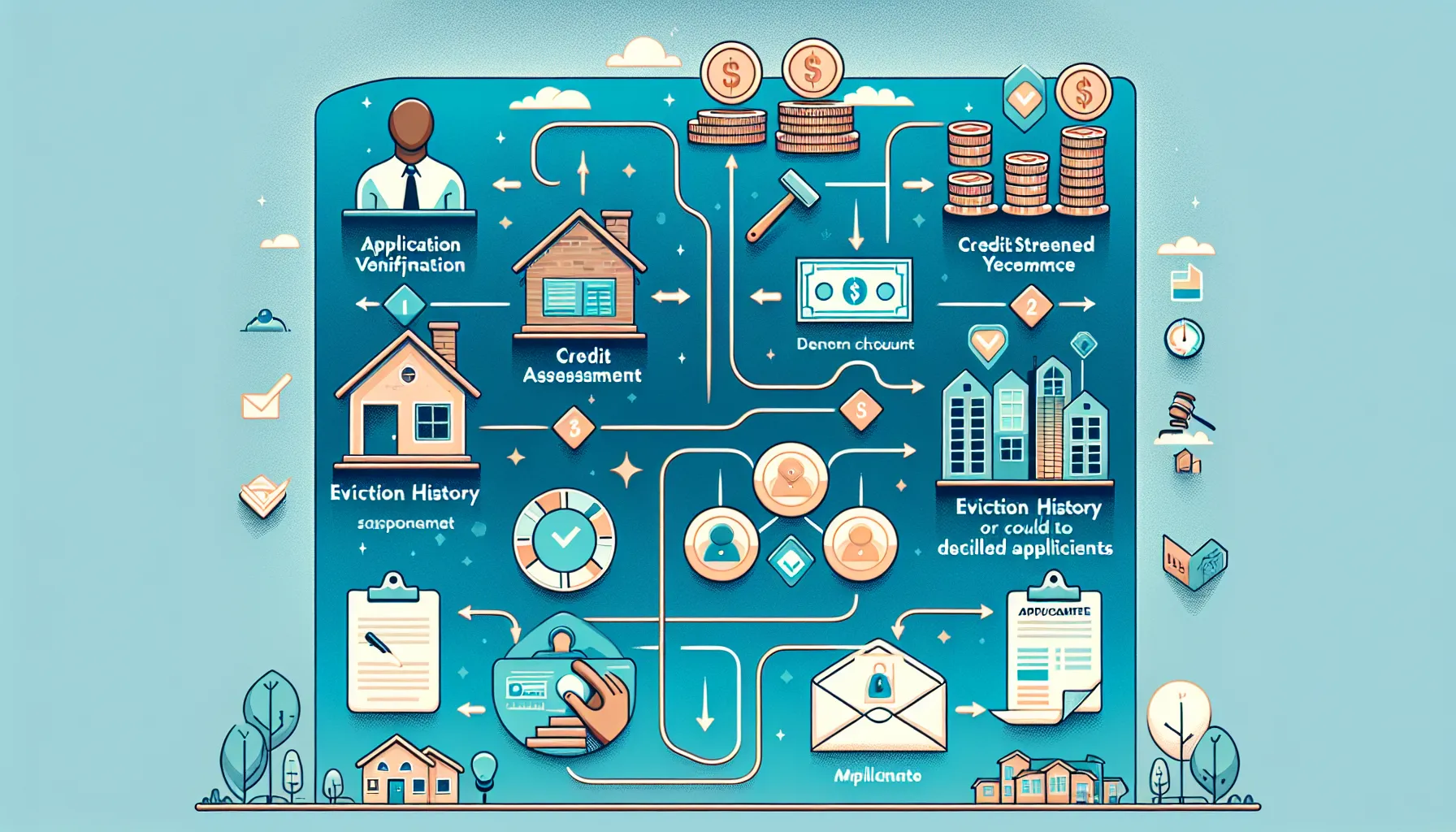 Tenant screening decision flow from application to approval or rejection.