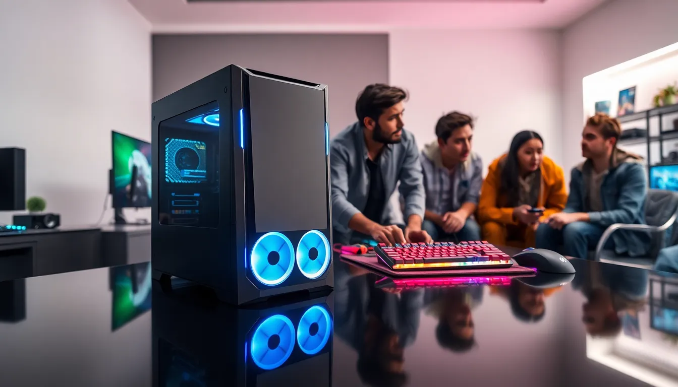 modern gaming setup with a PC gaming console and engaged gamers.
