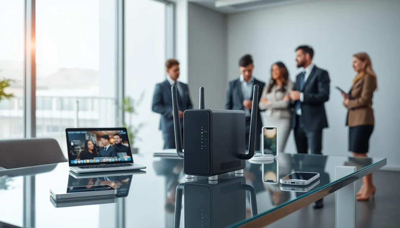 modern workspace featuring a DSL modem and professionals collaborating.