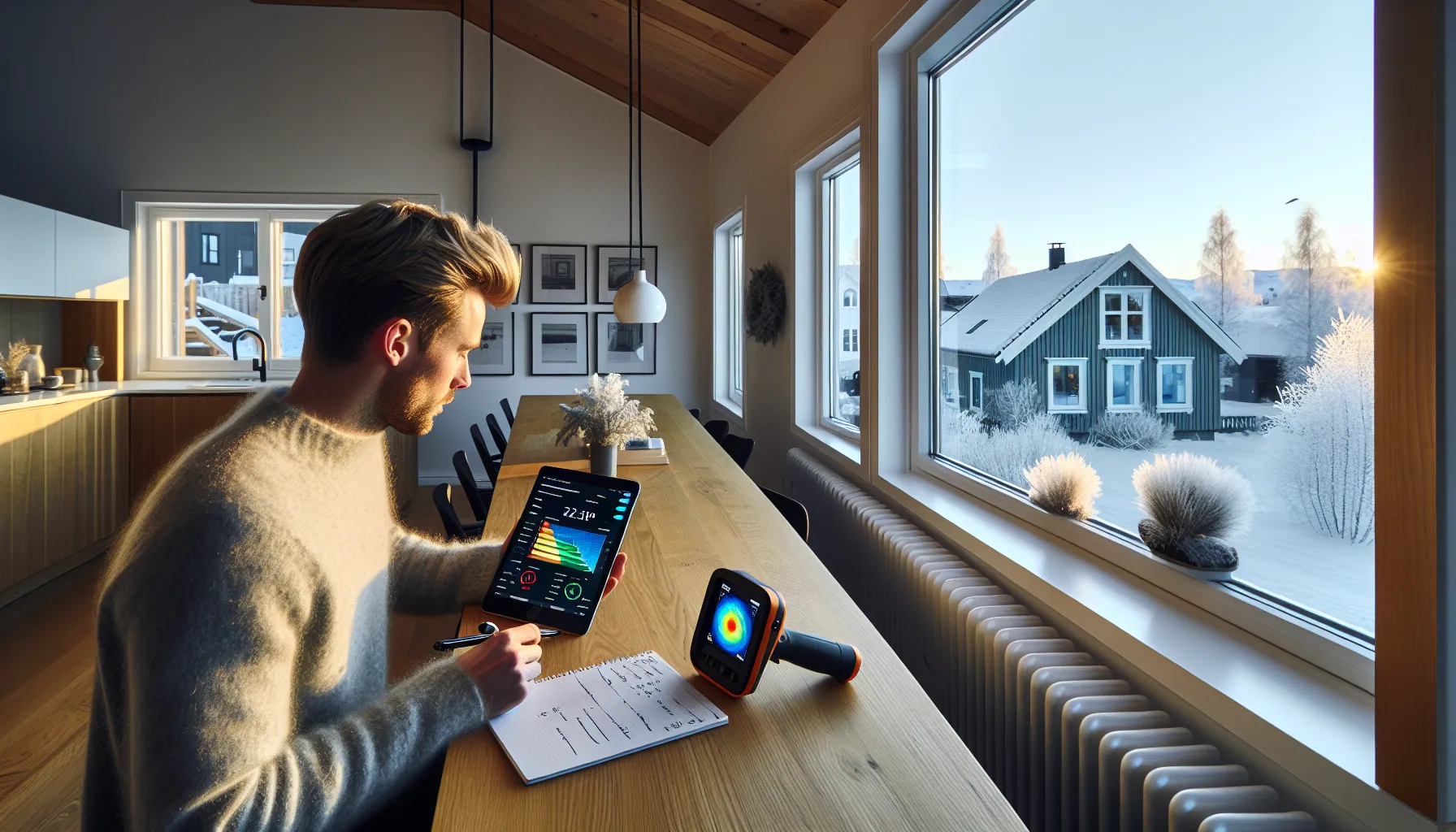 Homeowner reviews energy kpis on a tablet in a nordic living room.