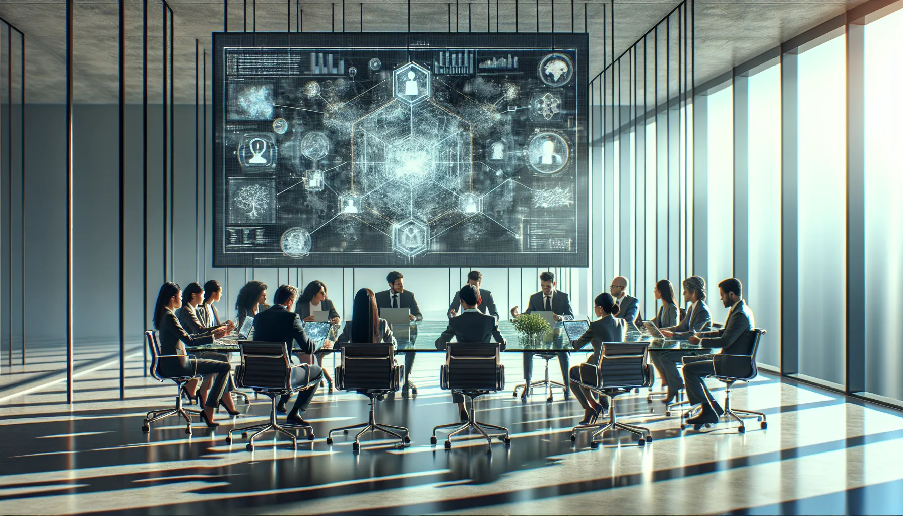 diverse team discussing technology in a modern conference room.