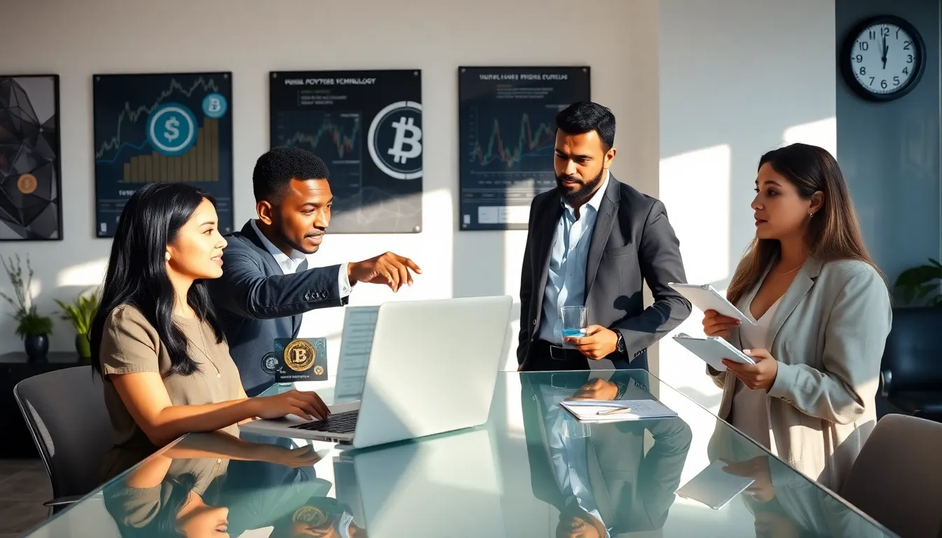 diverse team discussing cryptocurrency in a modern office.