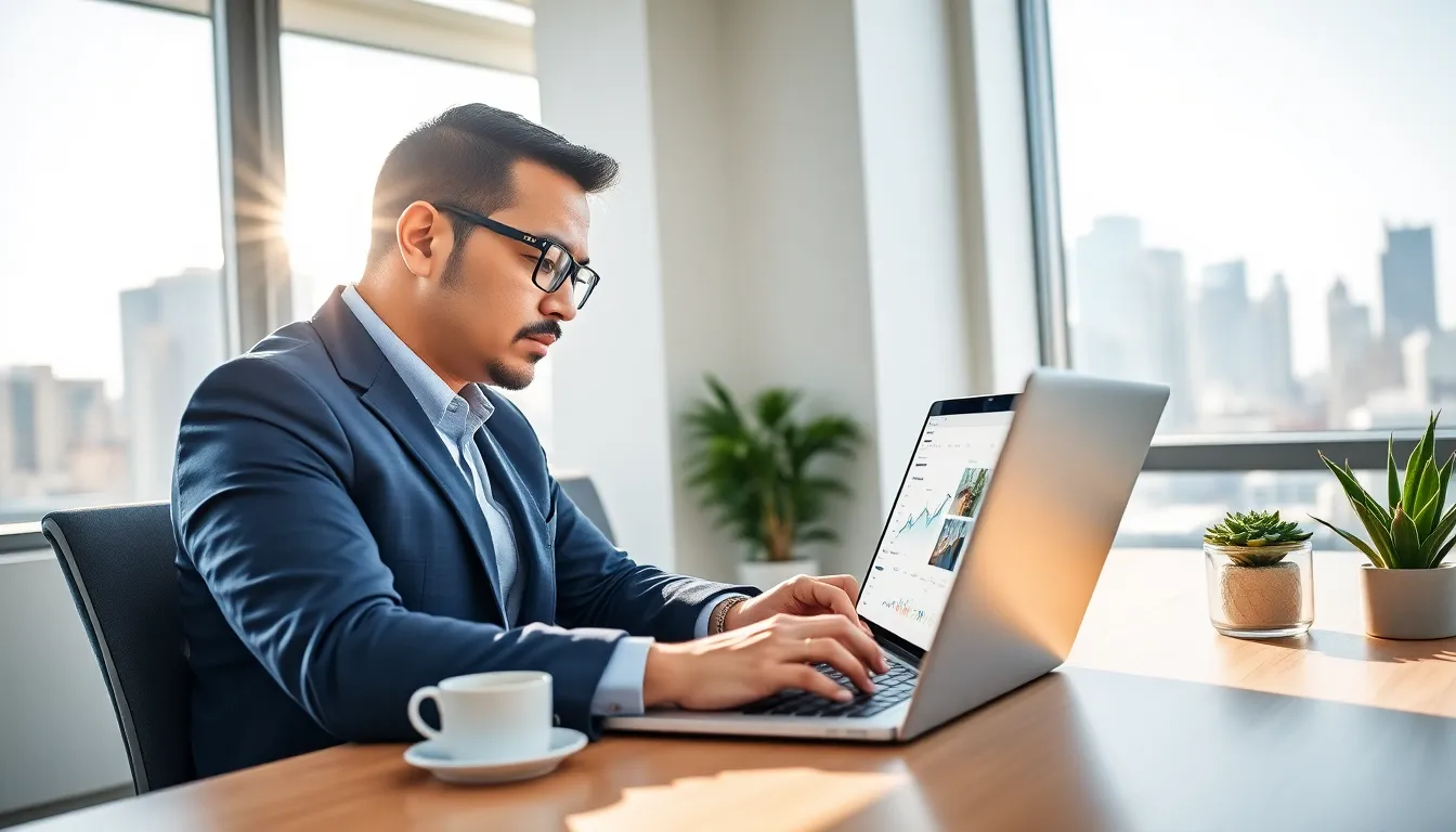 A man using a laptop in a modern office with city skyline views.
