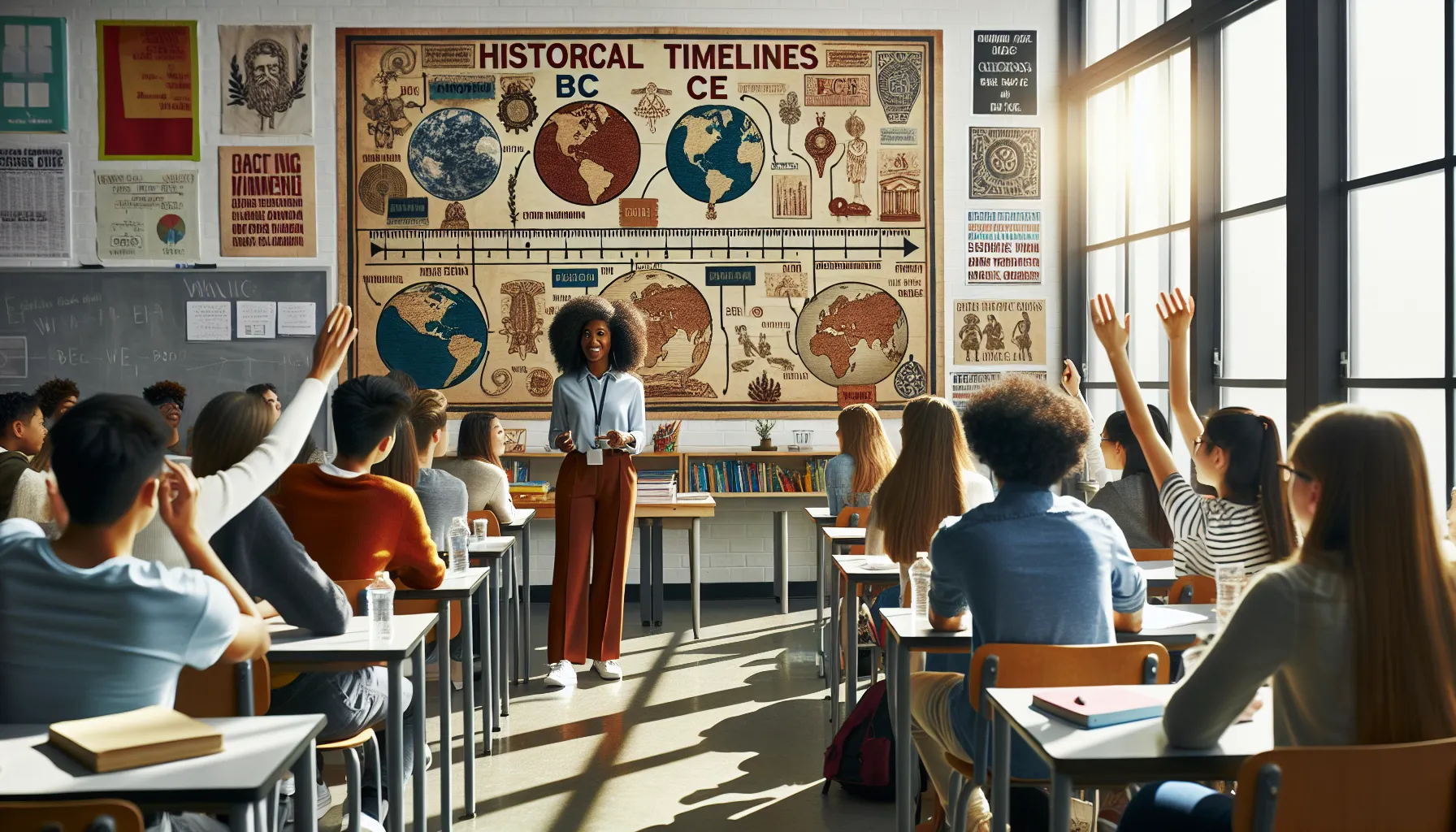 a diverse classroom discussing BCE and CE terms with an enthusiastic teacher.