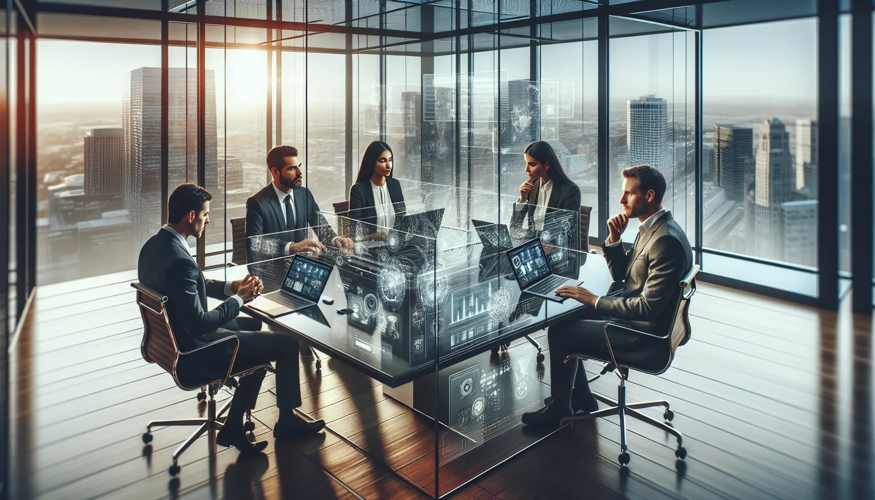 diverse team discussing future communication technologies in a modern office.