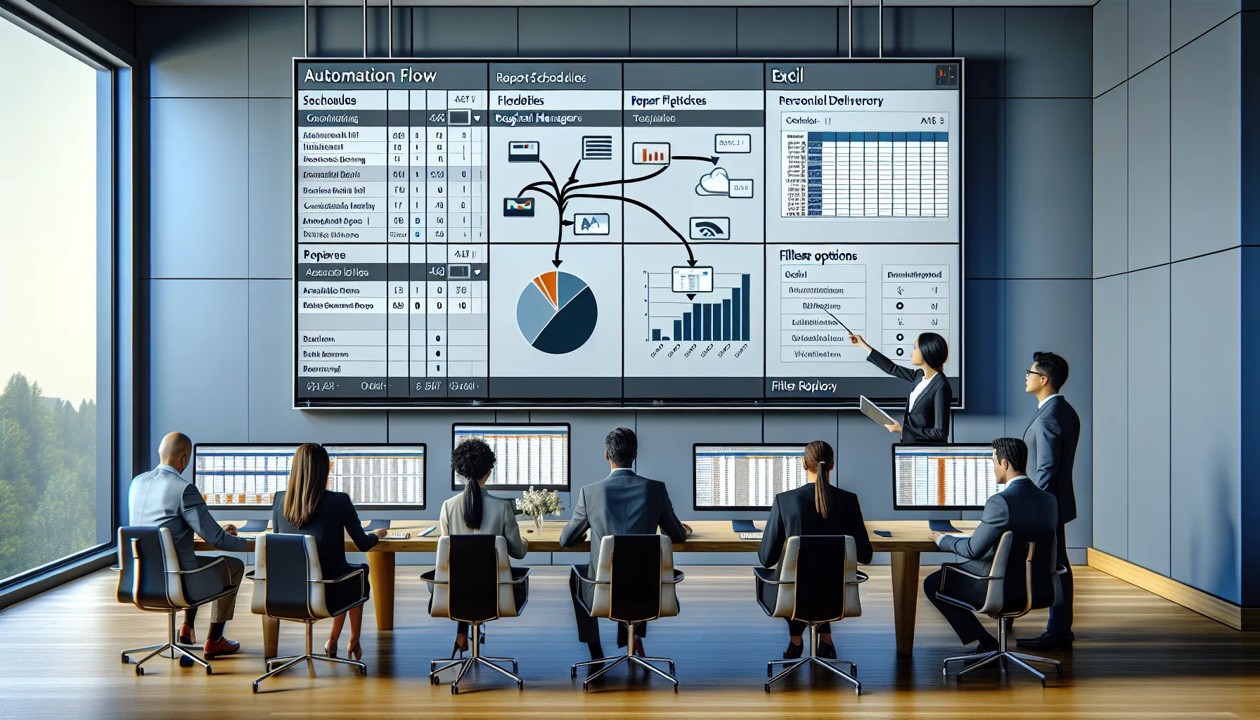 Professionals in a modern office automating Tableau Excel report scheduling and email delivery.