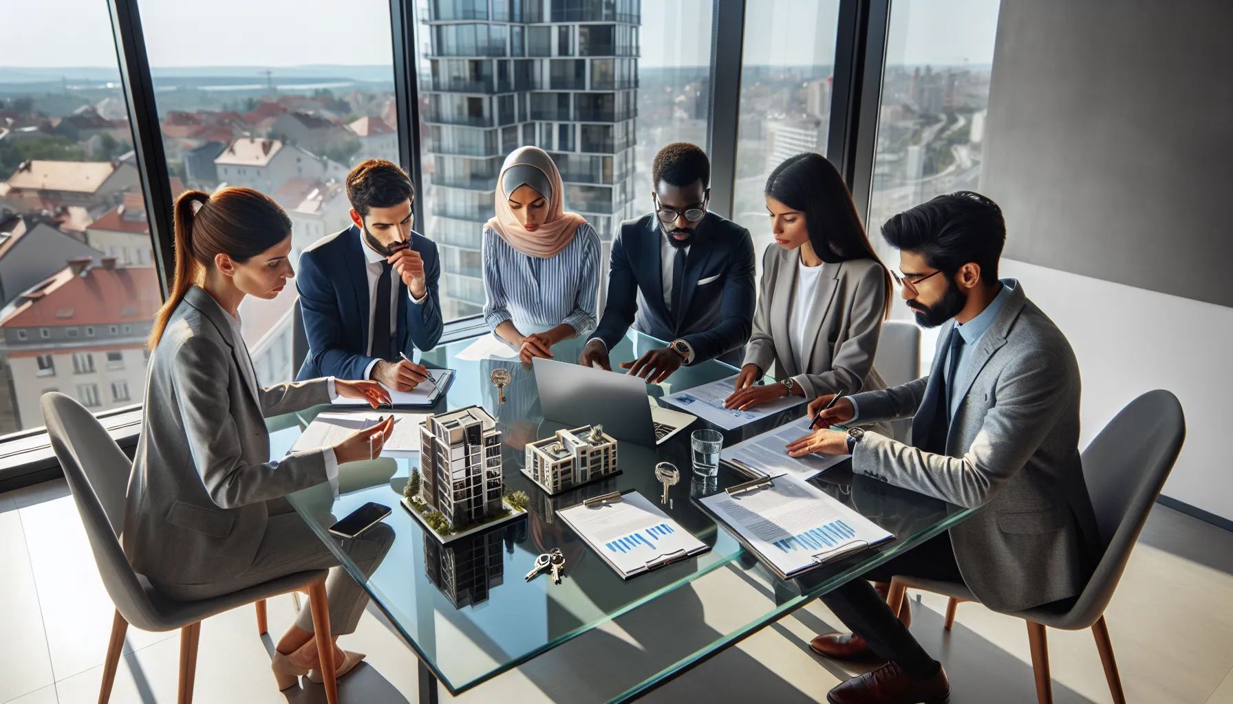 Business professionals discussing commercial property rental versus purchase options in modern office