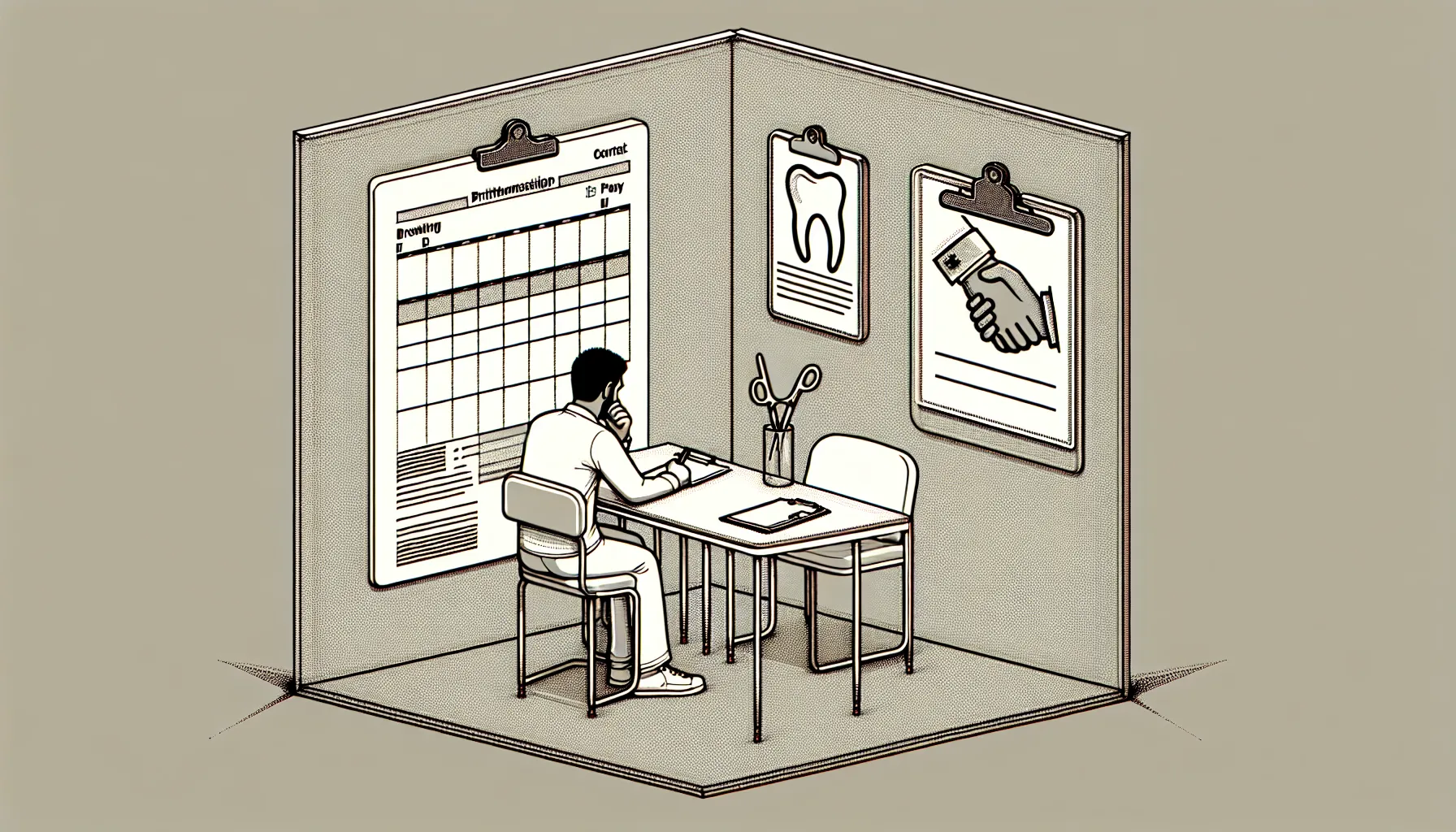Dental associate holding a contract with icons showing calendar, paystub, and clipboard.