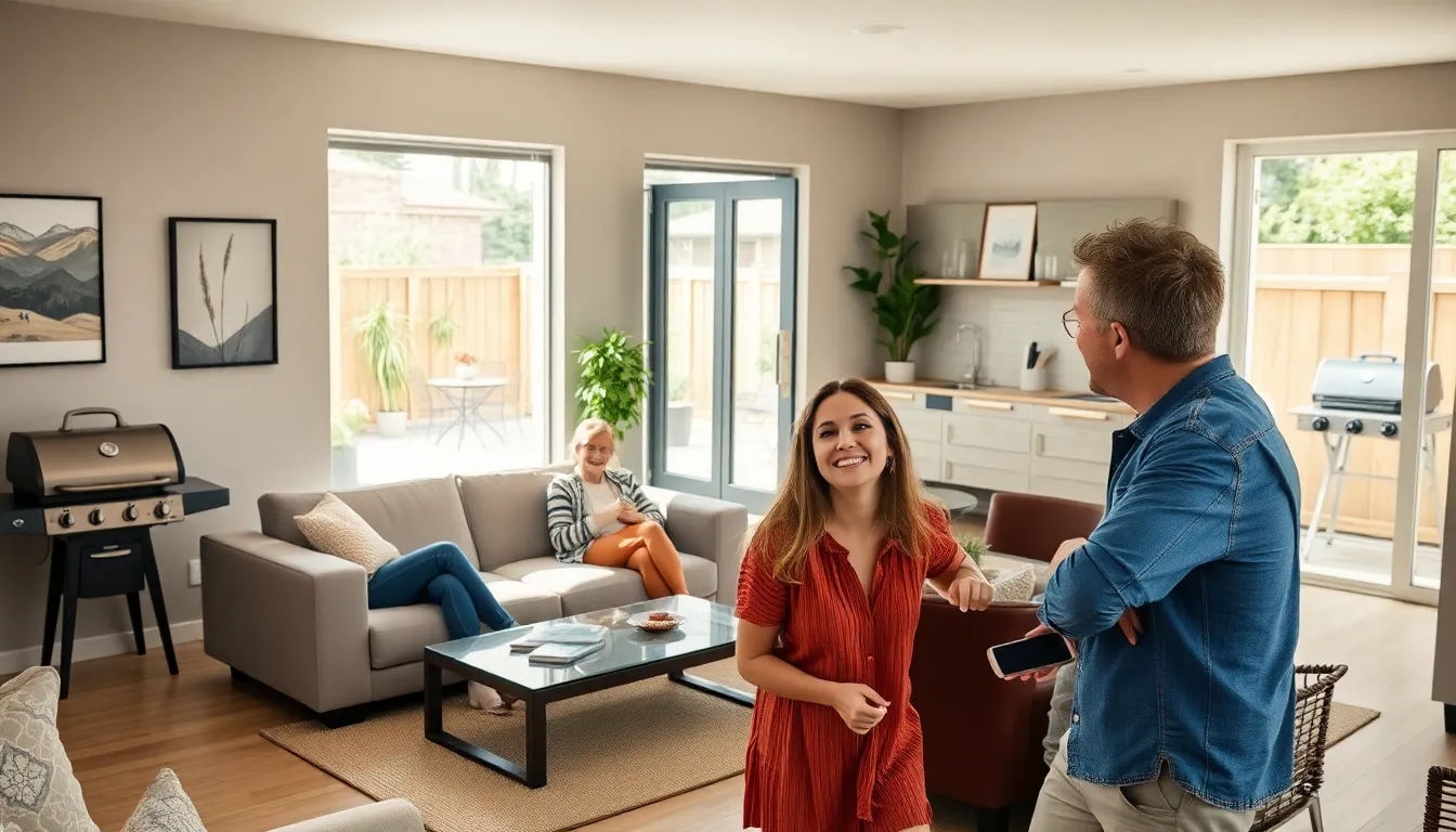Cozy short-term rental living space with diverse travelers.