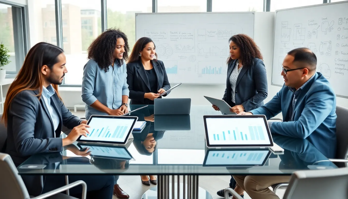 diverse professionals collaborating on technology solutions.