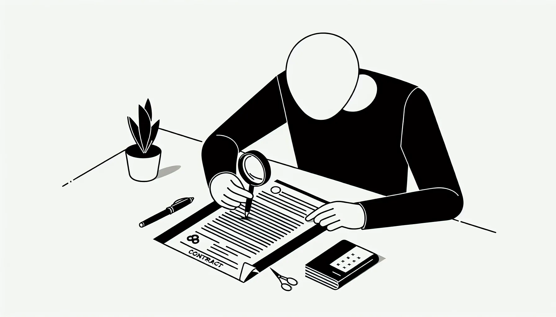 Person closely inspecting a dental contract with magnifying glass and highlighted clause.