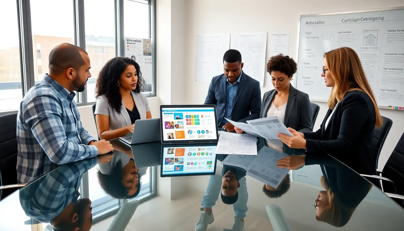 diverse team collaborating on curriculum development in a modern office.